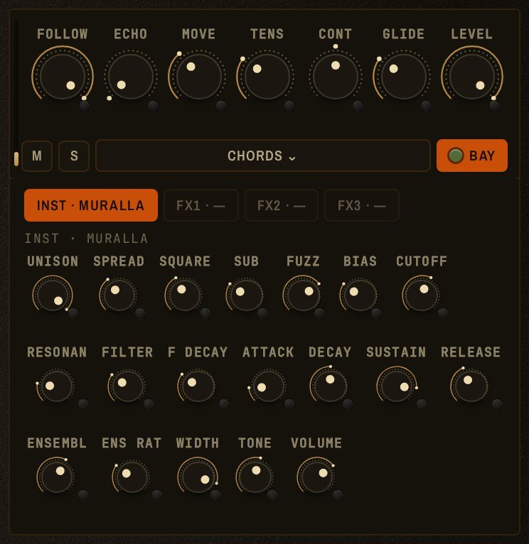 A strip's patch bay: the loaded instrument's parameters as small knobs with jacks