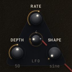An LFO cluster: rate, depth and shape knobs in a rounded triangle, an out jack in the centre, a cable leaving it