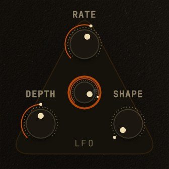 An LFO cluster: rate, depth and shape knobs, an out jack