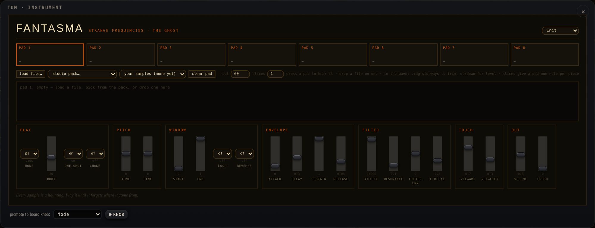 FANTASMA's panel: eight pads, a waveform, the knobs