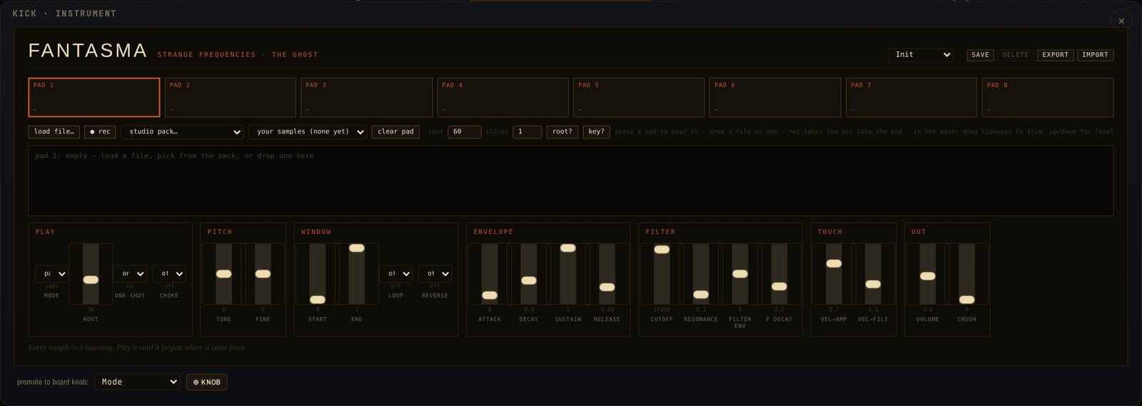 FANTASMA's panel: eight pads, a waveform, the knobs