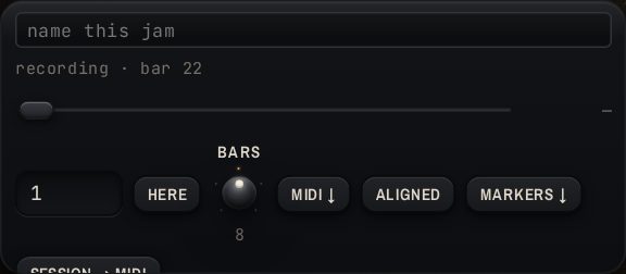 The session panel: name, status, scrub, MIDI grab, trim, replay, share