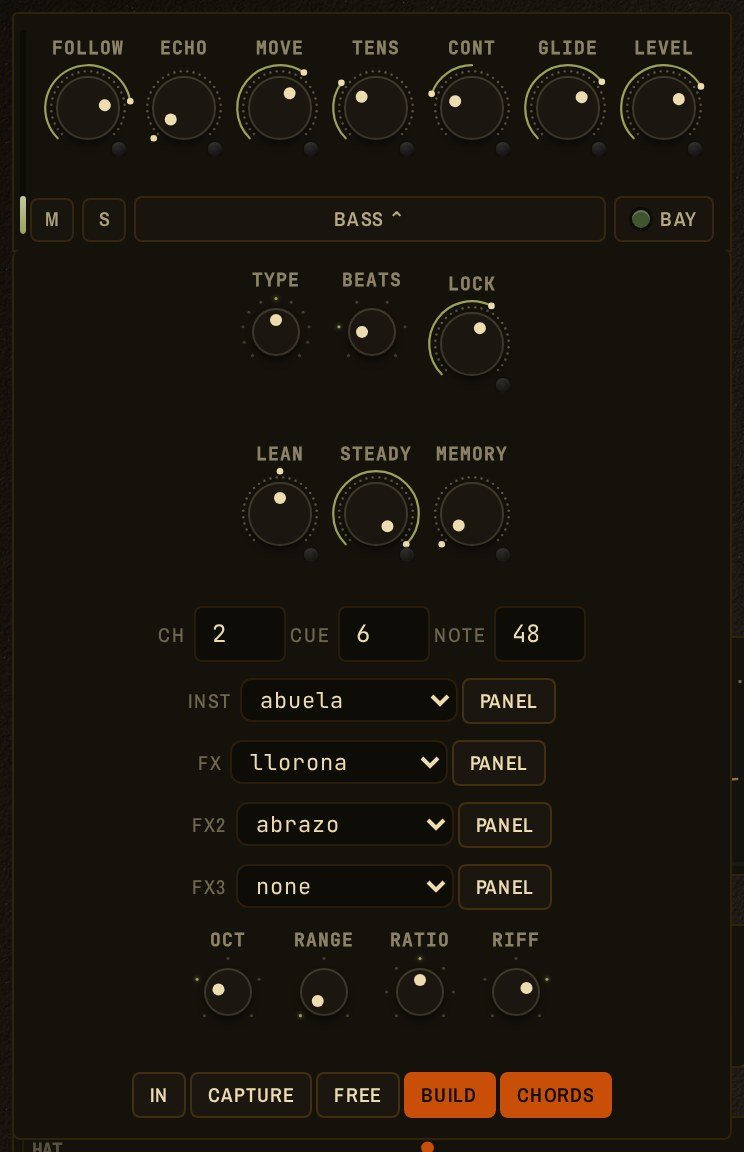 A pattern strip with its drawer open: type, beats, lean, steady, memory, MIDI, instrument and effects