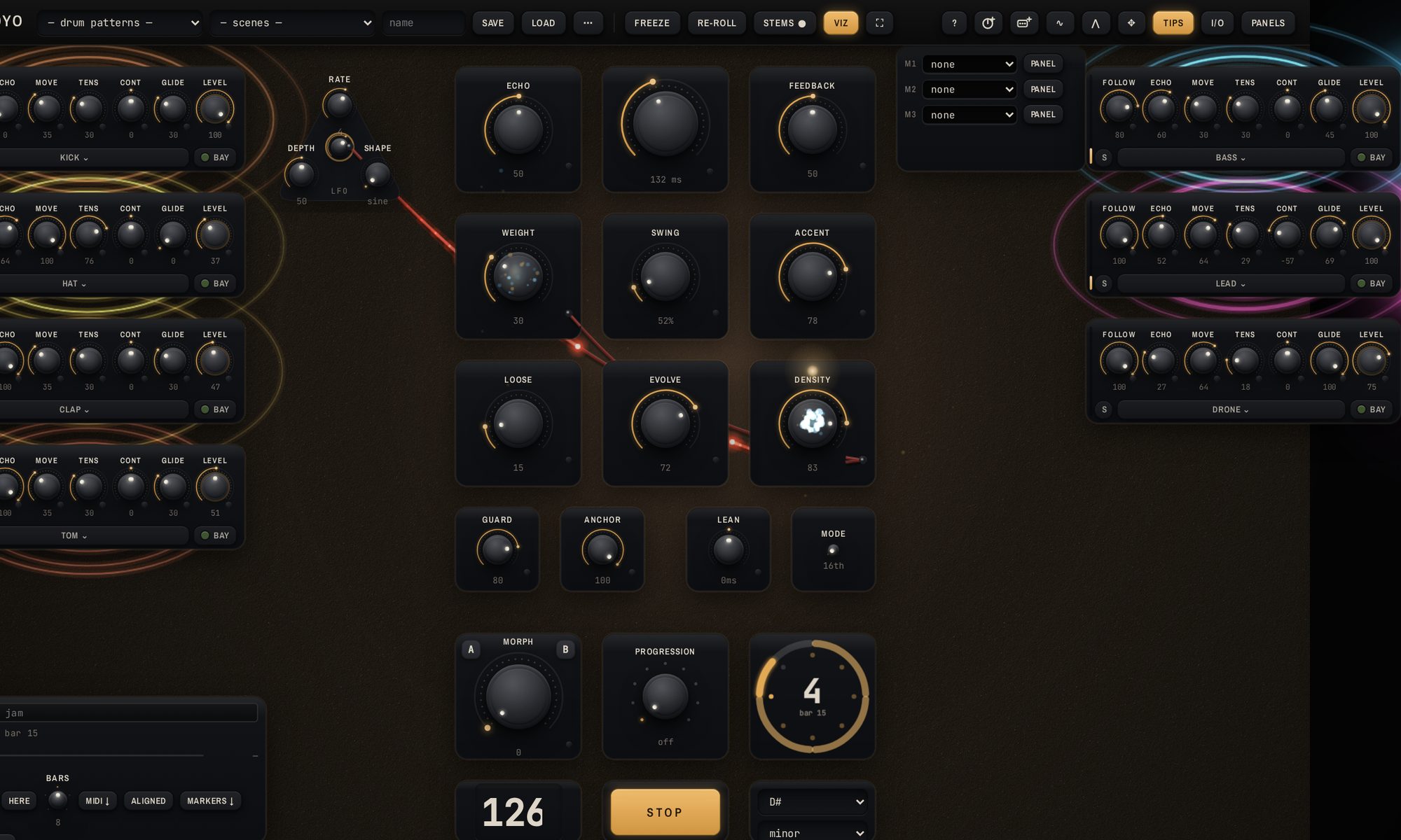 Viz mode: a knob erupting in sparks, rings around the strips, a pulse on a cable